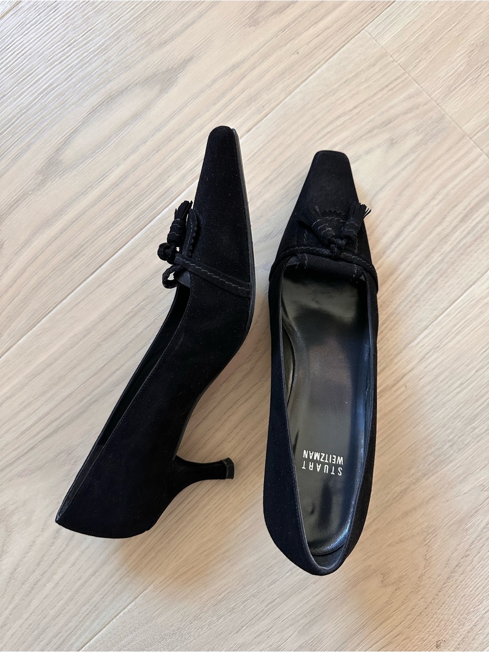Stuart Weitzman Black Suede Tassel Kitten Heels